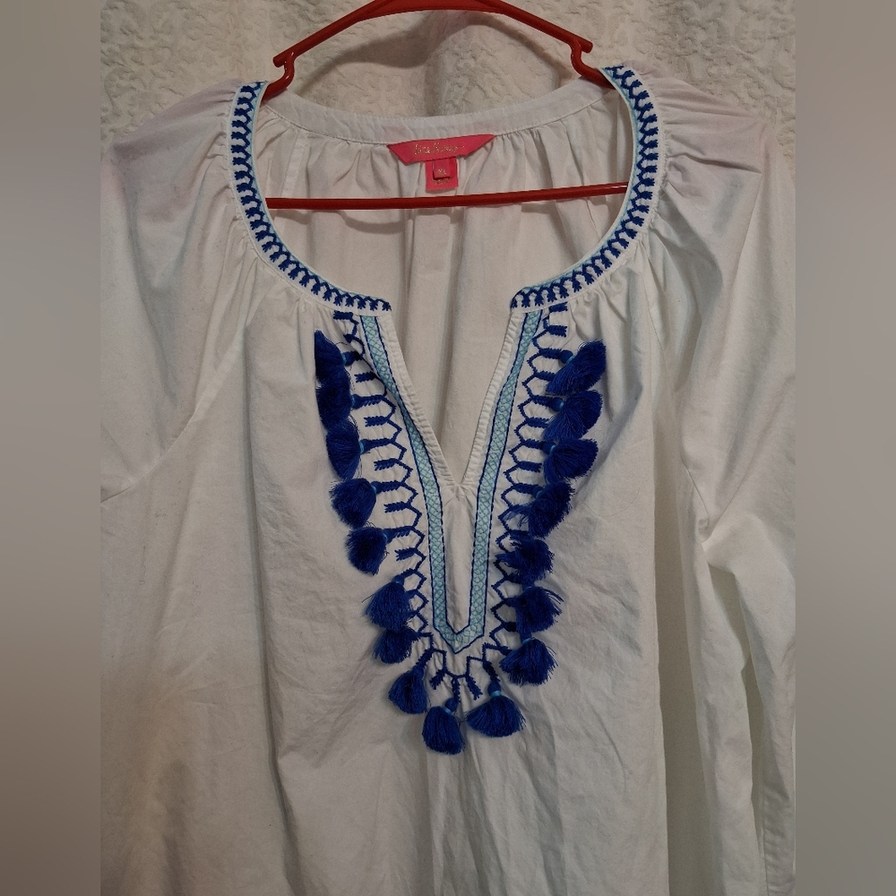 Lilly Pulitzer White Blouse with Blue Embroidery - Picture 2 of 6